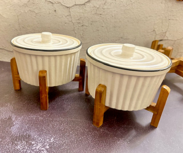 White Serving bowls with wooden stand (set of two)
