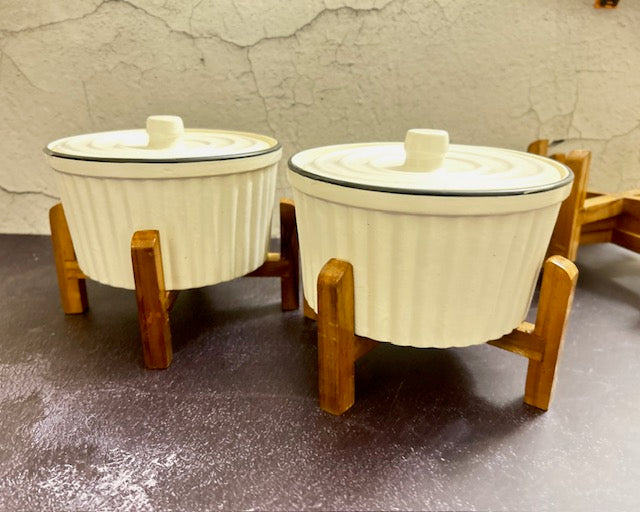 White Serving bowls with wooden stand (set of two)