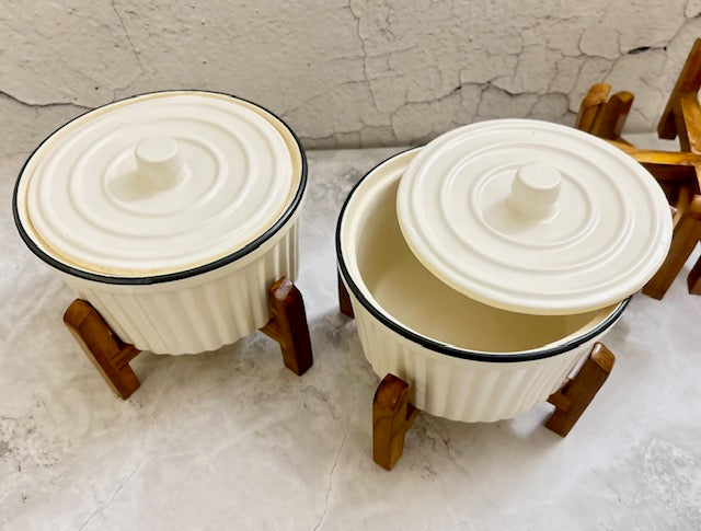 White Serving bowls with wooden stand (set of two)